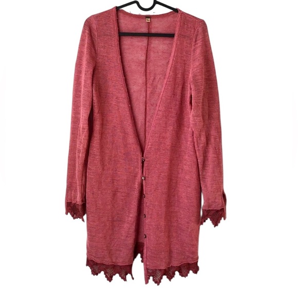 Free People Crochet Lace Trim Button Front Cardigan Sweater Boho Linen M Pink - Picture 1 of 9